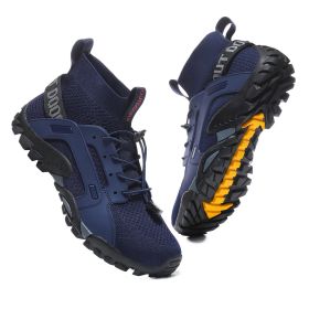 Spring Autumn Outdoor Mesh Fly Woven Sport Hiking Shoes Men Big Child Fashion Breathable High-top Climbing Walking Elastic Laces (Color: navy blue, size: 38)