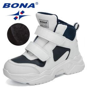 BONA 2022 New Designers Classics Hiking Shoes Kids Plush Sneakers Boys Girls Ankle Shoes Children Winter Boots Breathable Child (Color: White deep blue, size: 4.5)