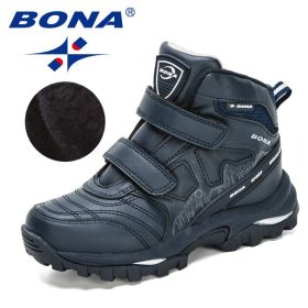 BONA 2020 New Designers High Top Winter Footwear Children Snow Skiing Hiking Fashion School Wearing Shoes Kids Plush Warm Boots (Color: Deep blue S gray, size: 5)