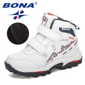 BONA 2020 New Designers High Top Winter Footwear Children Snow Skiing Hiking Fashion School Wearing Shoes Kids Plush Warm Boots (Color: White deep blue, size: 3.5)