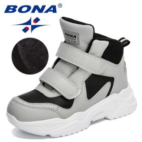 BONA 2022 New Designers Classics Hiking Shoes Kids Plush Sneakers Boys Girls Ankle Shoes Children Winter Boots Breathable Child (Color: Light gray black, size: 5)