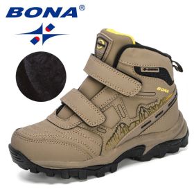 BONA 2020 New Designers High Top Winter Footwear Children Snow Skiing Hiking Fashion School Wearing Shoes Kids Plush Warm Boots (Color: Medium grey black, size: 4.5)