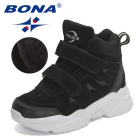 BONA 2022 New Designers High Top Snow Boots Warm Plush Lining Walking Shoes Child Comfortable Anti-Slip Hiking Shoes Children (Color: Black silver gray, size: 4)