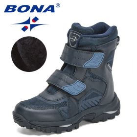 BONA 2022 New Designers Snow Boots For Boys High Top Sneakers For Girls Winter Hiking Sport Shoes Fashion Ankle Boots Children (Color: Deep blue S gray, size: 5.5)