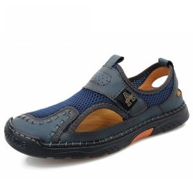 Sandals Men Size 39-48 Quality Handmade Casual Mens Mesh Shoes Summer Soft Non-slip Hollow Sandals Hiking Beach Platform Sandals (Color: Blue, size: 44)