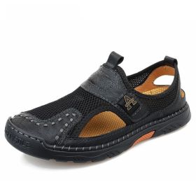 Sandals Men Size 39-48 Quality Handmade Casual Mens Mesh Shoes Summer Soft Non-slip Hollow Sandals Hiking Beach Platform Sandals (Color: Black, size: 43)