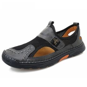 Sandals Men Size 39-48 Quality Handmade Casual Mens Mesh Shoes Summer Soft Non-slip Hollow Sandals Hiking Beach Platform Sandals (Color: Gray, size: 46)
