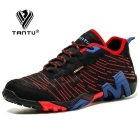TANTU Mesh+Suede New Arrival Climbing Hunting Shoes Camping Breathable Hiking Men Shoes Non-Slip Outdoor Plus Size 39~46 (Color: black red, size: 42)