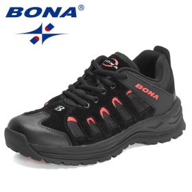 BONA 2022 New Designers Hiking Shoes Outdoor Sneakers Men Travel Shoes Non-slip Breathable Sports Shoes Man Work Shoe Mansculino (Color: black red, size: 9)
