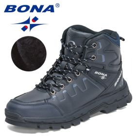 BONA 2022 New Designers Action Leather Hiking Shoes Men Winter Trekking Ankle Boots Man Top Quality Fashion Plush Boots Male (Color: Deep blue S gray, size: 9)