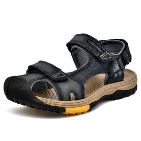 New Fashion Breathable Men Sandals Genuine Leather Summer Beach Shoes Men Slippers Causal Shoes Hiking Sandals Plus Size 38-46 (Color: Grey blue, size: 43)