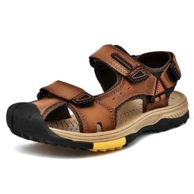 New Fashion Breathable Men Sandals Genuine Leather Summer Beach Shoes Men Slippers Causal Shoes Hiking Sandals Plus Size 38-46 (Color: Auburn, size: 46)