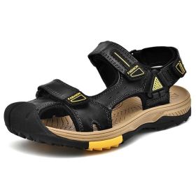 New Fashion Breathable Men Sandals Genuine Leather Summer Beach Shoes Men Slippers Causal Shoes Hiking Sandals Plus Size 38-46 (Color: Black, size: 40)