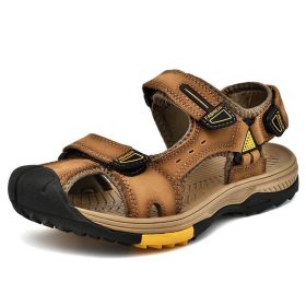 New Fashion Breathable Men Sandals Genuine Leather Summer Beach Shoes Men Slippers Causal Shoes Hiking Sandals Plus Size 38-46 (Color: Khaki, size: 43)
